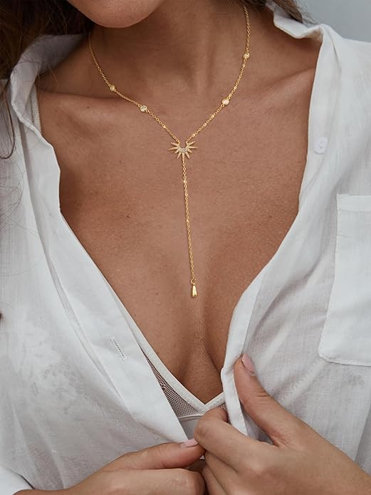 Lariat Long Necklace for Women Trendy Layered Y Necklace Dainty Pendant Drop Dangle Necklace Y-Shaped Necklace Simple CZ Necklace for Women Jewelry