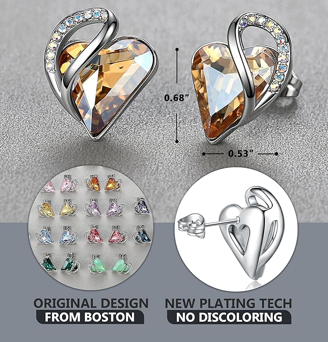 Earrings for Women, Mothers Day Gift for Mom, Heart Birthstone Crystal Stud Earring, Silver Plated Birthday Jewelry