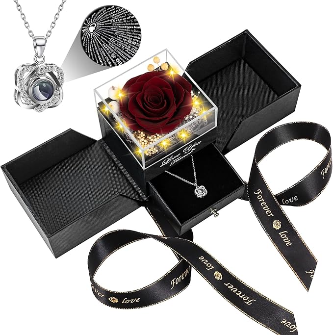 Preserved Wine Red Real Rose with Heart I Love You Necklace -Eternal Flowers Rose Birthday Gifts for Women Her Mom Wife Girlfriend Grandma on Valentines Mothers Day Christmas Anniversary Romantic