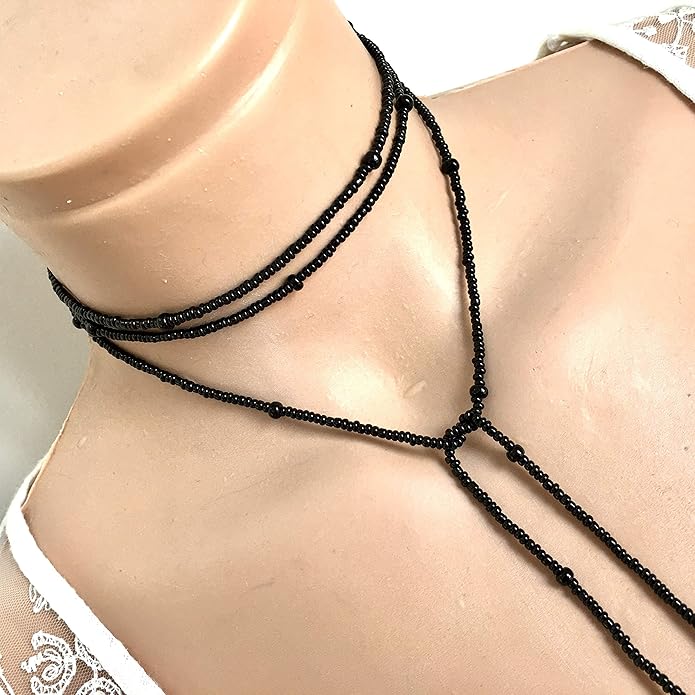 Wrapped Necklace, Black Seed Bead Jewelry, Long Layered Necklace, Tie chokier, Boho Wrapped Choker, Lariat Necklace, Christmas Gift Women
