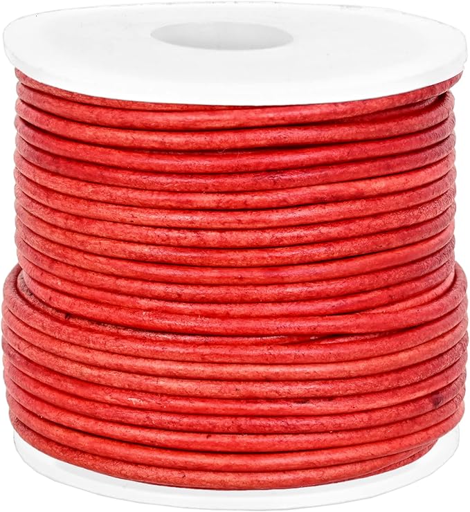 GENIQUE Real/Genuine Round Leather String Cord for Necklace, Bracelets, Jewellery, Braiding (1.5mm, Red Distressed)