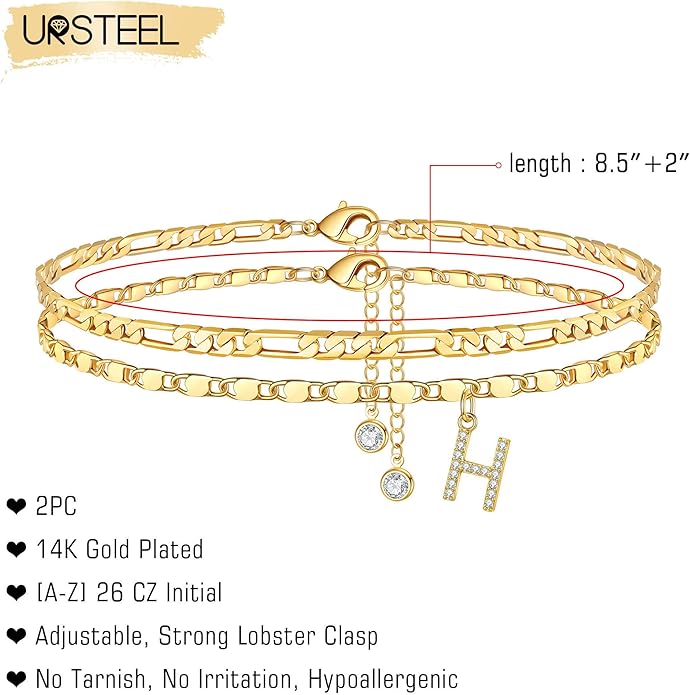 Ursteel Ankle Bracelets for Women, 14K-Gold-Plated Dainty Layered Chain CZ Initial Anklets Set Summer Jewelry Gifts for Women