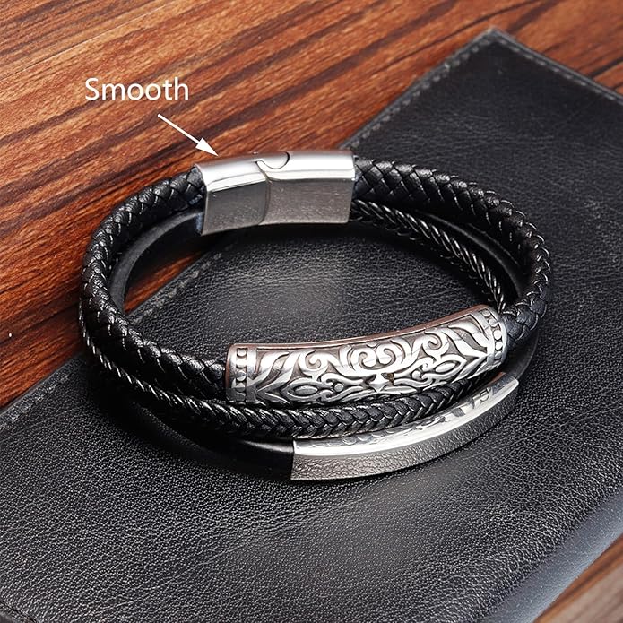 Italian Handmade Genuine Leather Bracelets for Men Stainless Steel Clip, Men's Casual Genuine Multi-layer Cuff Bracelet, Bracelet Gift for Real Men