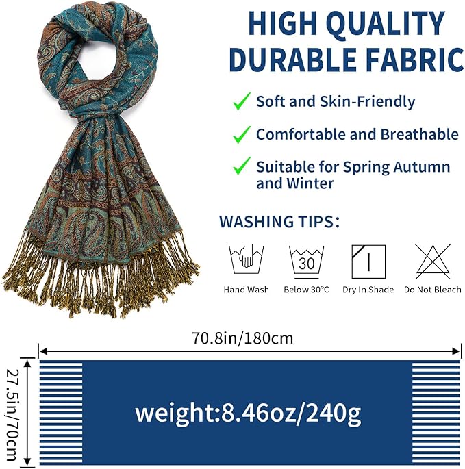 QIUTIMIY Paisley Pashmina Shawl Wrap Women Reversible Vintage Jacquard Pashmina Rave Scarf with Fringe for Evening, Wedding