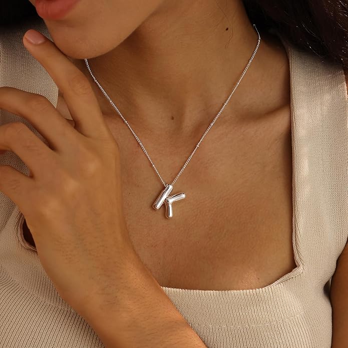 Initial Necklaces for Women, 14k Gold Plated Bubble Letter Necklace Chunky Gold Necklace Dainty Charm Initial Necklaces for Women Trendy Custom Preppy Stocking Stuff Necklace Christmas Gifts