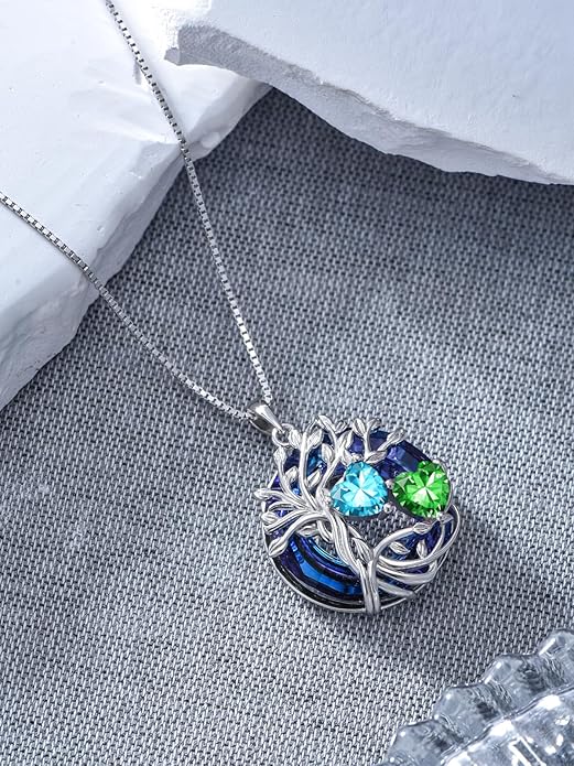 TOUPOP s925 Sterling Silver Family Celtic Tree of Life Pendant Necklaces with 2 Heart Birthstone with Blue Austrian Crystal Jewelry Birthday Anniversary Christmas Gifts for Her Wife Girlfriend Mom (18K Real White Gold Filled)