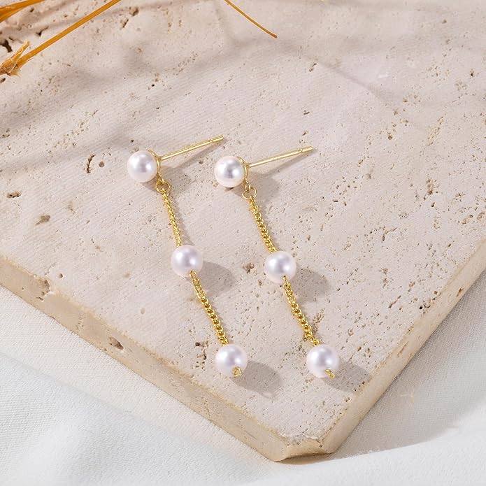 Moodear Dainty Pearl Dangle Earrings for Women - Trendy 14K Gold Plated Pearl Hypoallergenic Drop Earring Wedding Jewelry Gift