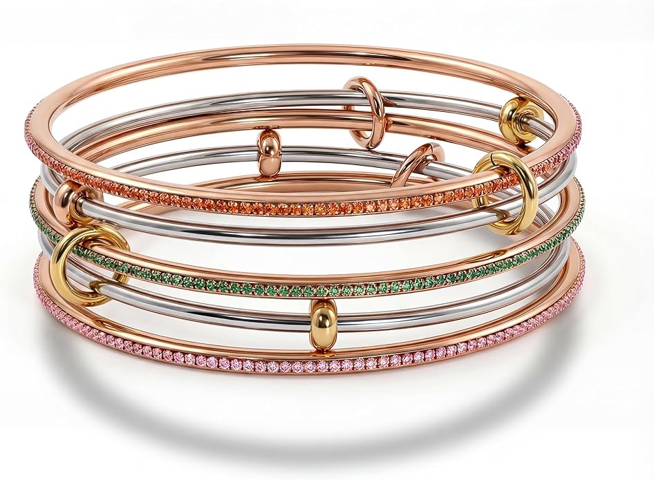 Musishiyu Gold Bracelets for Women Stacking Bangle - 18K Mixed Metal Tri-Color Rolling Interlocking Bands, Cubic Zirconia Fidget Anxiety Jewelry, Valentine's Galentine's Day Gifts (Love, Loyalty, Friendship)