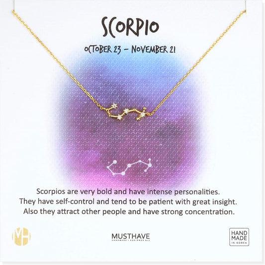 Zodiac 18K Gold Plated CZ Necklace With Message Card, Yellow Gold Color, Anchor Chain, Best Gift Necklace, Size 16 inch + 2 inch Extender, Pendant, Constellation, Gift Card
