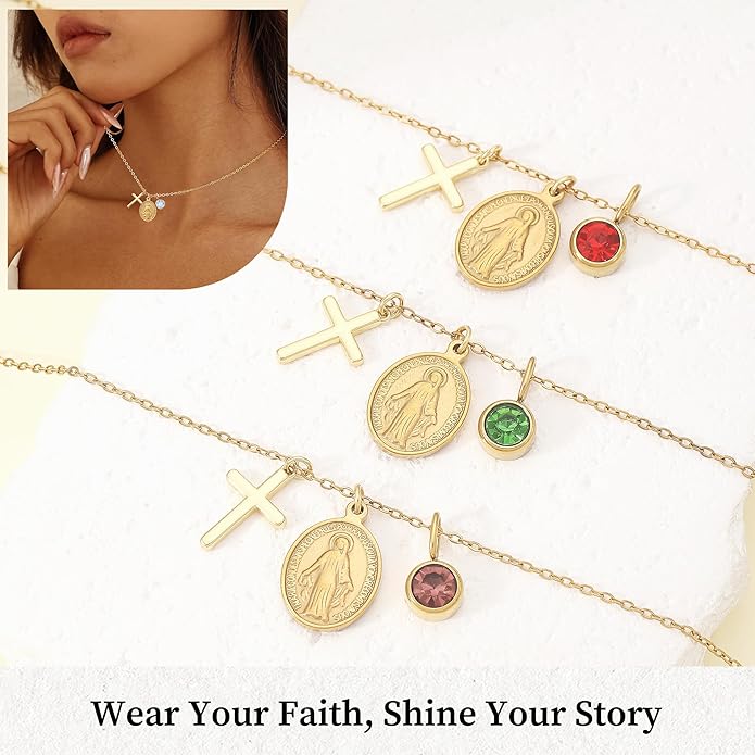 Gold Cross Necklaces for Women, 1-12 Birthstone Necklace Stocking Stuffers for Her Faith Confirmation Gifts for Teen Girls Virgin Mary Necklace Gifts for Christians Birthday Baptism Religious Jewelry