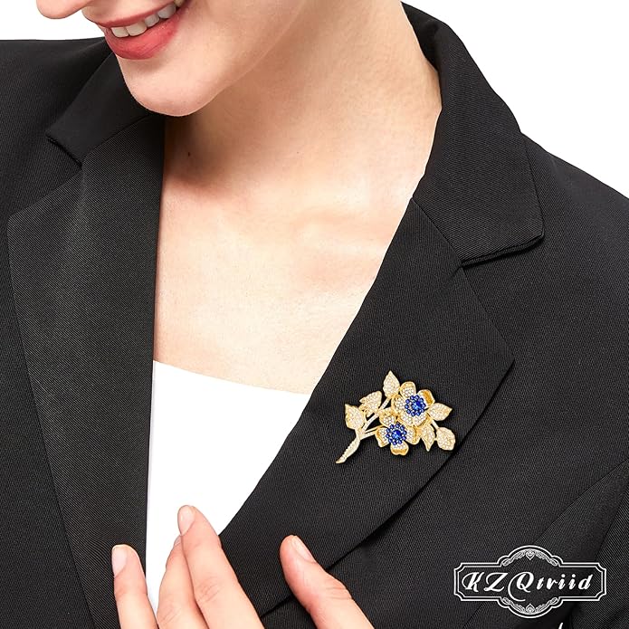 KZQtriid Brooches For Women,14k Gold Plated Copper,Cubic Zirconia Roseate Love Brooch Pins For Women ，Cubic Zirconia Broach，Flower Broach