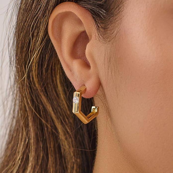 14K Gold & Rose Gold Hoop Earrings for Women, Chunky Huggie Half Hoops Earrings, Hypoallergenic Non Tarnish Cubic Zirconia Trendy Minimalist Everyday Jewelry Gift