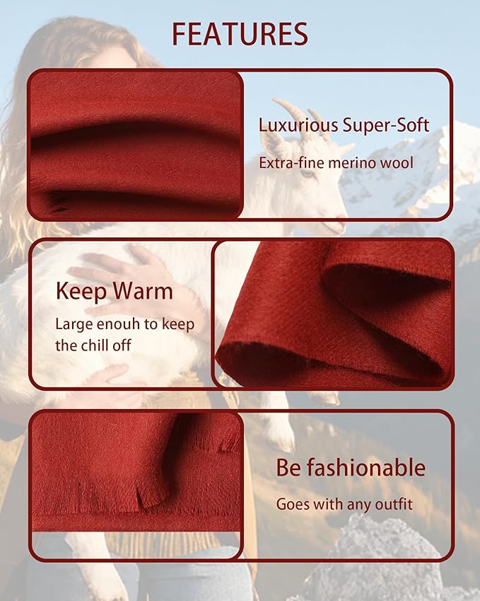 WASALUYA Wool Scarf for Women & Men, 100% Wool Scarves Wrap Shawl with Tassels, Elegant Soft Winter Scarf for Fall and Winter