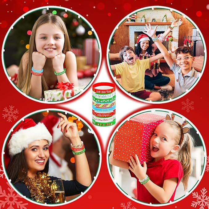 JUNEBRUSHS 64pcs Christmas Wristband Silicone Bracelets Bulk Elk Xmas Tree Snowflake Pattern Rubber Bracelet for Christmas Birthday Decoration Kids Party Favor Gift Supplies（8 Designs）