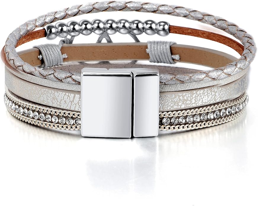 Fesciory Leopard Bracelet for Women, Boho Leather Wrap Multi-Layer Pearl Crystal Bracelet Bangle Jewelry