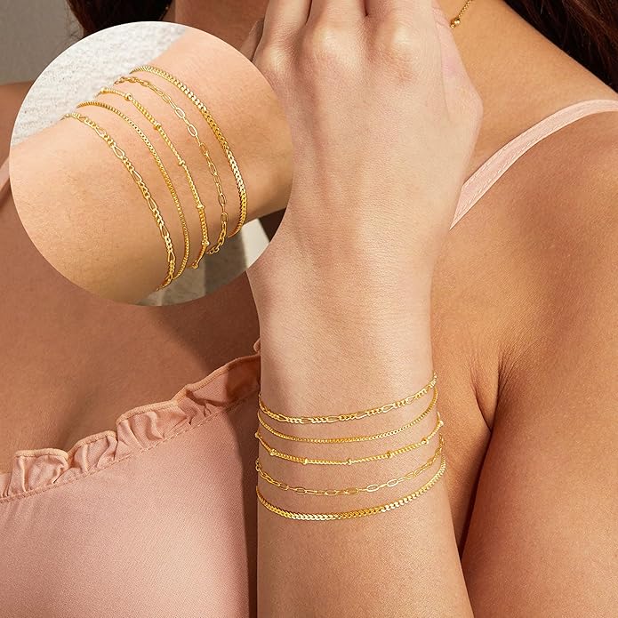 Gold Bracelets for Women Trendy,14K Gold Plated Dainty Stackable Paperclip Cuban Link Chain Bracelets, Simple Cute Cuff Bracelets Jewelry Set Adjustable 7"+2"