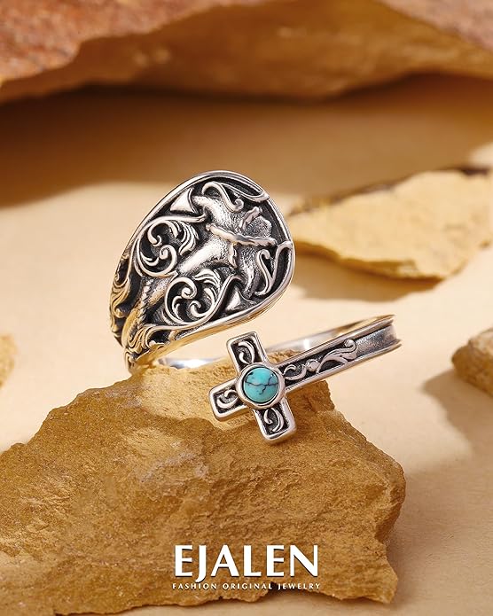 S925-Sterling-Silver Abalone Dragonfly-Turquoise Spoon Ring - Vintage Boho Sunflower Thumb Oxidized Wrap Rings Victorian Style Antique Floral Jewelry Gifts for Women