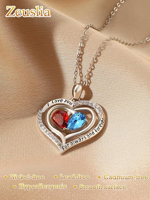 Zeuslia Double Birthstone Necklace Gifts for Wife - 925 Sterling Silver Sunflower/Rose/Crown Cross/Compass/Heart Pendant I Love You Necklace, Anniversary Birthday Gifts for Wife Girlfriend Mom Her