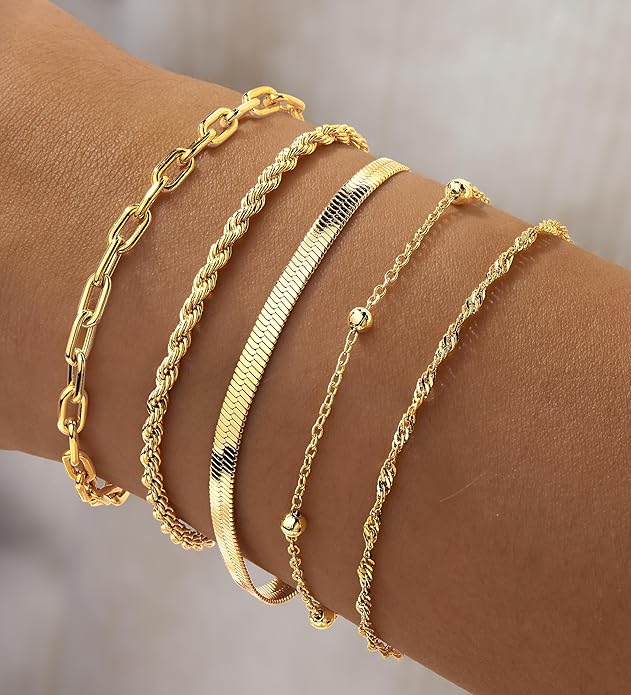 Gold Bracelets for Women Trendy,14K Gold Plated Dainty Stackable Paperclip Cuban Link Chain Bracelets, Simple Cute Cuff Bracelets Jewelry Set Adjustable 7"+2"