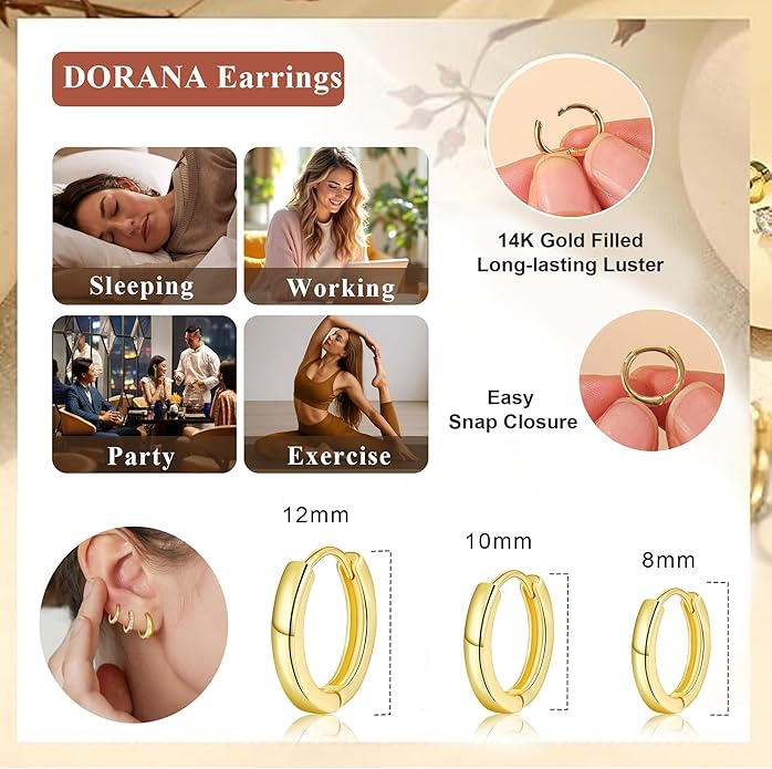 DORANA Valentines Day Gift 3 Pairs 925 Sterling Silver Earrings for Women Girls Non Tarnish Small Hypoallergenic Huggie Hoops Cartilage Stack Earring Sets for Multiple Piercing
