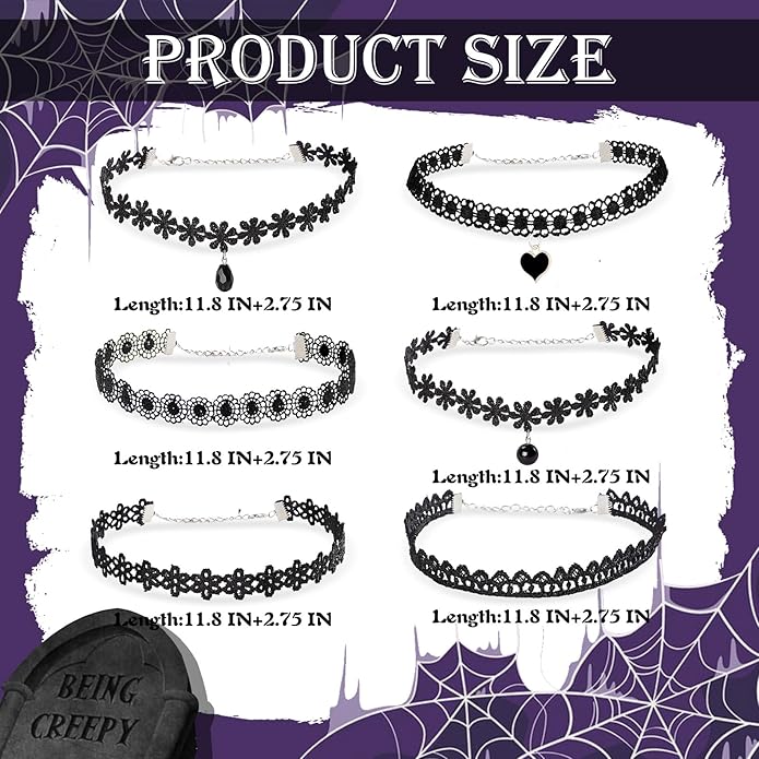 6pcs Costume Choker Necklace Women Black Lace Goth Vampire Accessories for Gothic Clothes