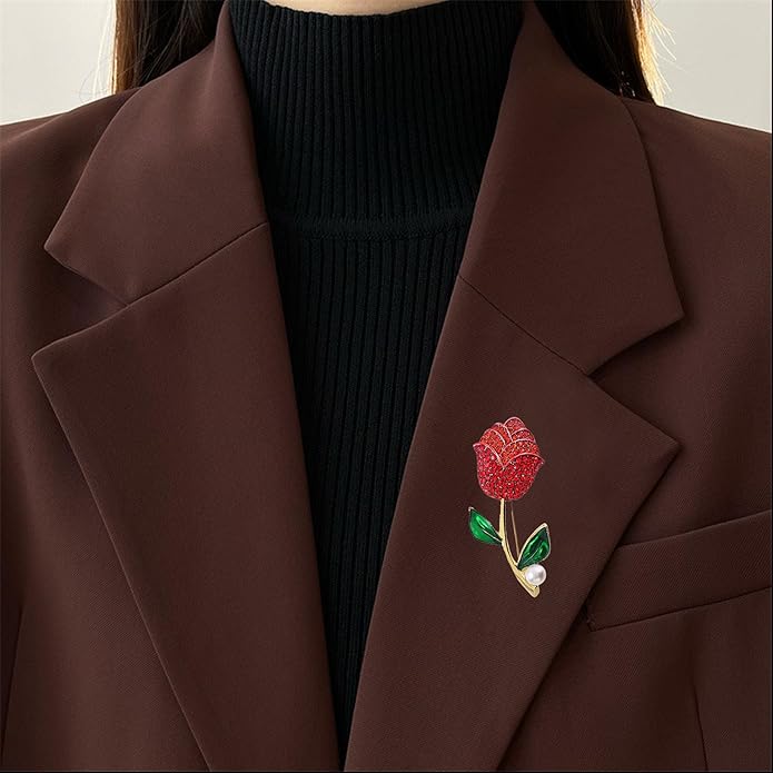 Just Follow Red Rose Flower Brooch with Rhinestones Sparkling Floral Pin for Women Vintage Blazer Jacket Dress Hat Scarf Accessory