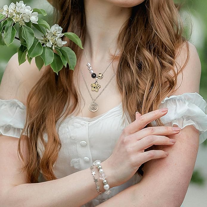 Multilayer Y2k Star Necklace Fairy Grunge Bracelets Set Handmade Fairycore Grunge Jewelry Gothic Swirl Star Necklace Punk Rock Roll Music Guitar Grunge Accessories for Women Men