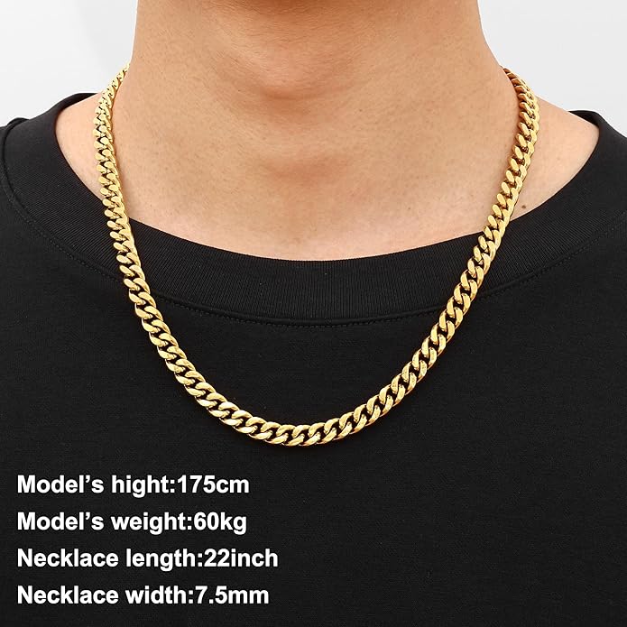 Fiusem Valentines Day Gifts for Him Silver Tone/Black/14K Gold Plated Chain Necklace for Men, 5mm/6mm/7.5mm/8mm/9mm Stainless Steel Cuban Link Chain Necklace, Men's Chains 18-28 Inch Jewelry Gifts