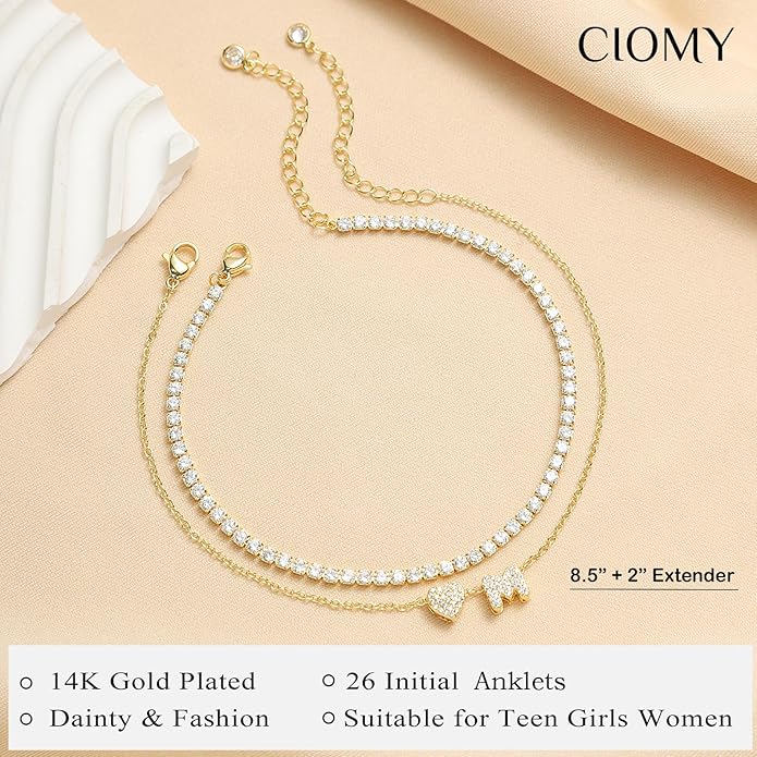 Gold Initial Ankle Bracelets for Women 14K Gold Plated CZ heart Tennis Anklets for Women Waterproof Adjustable Initial Anklets Large Ankle Summer Beach Foot Jewelry