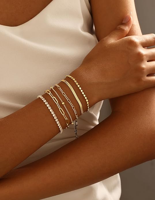 DEARMAY Waterproof Gold Plated Bracelets Set for Women Trendy, Dainty 14K Gold Jewelry Fashion Stackable Tennis Beaded Figaro Herringbone Paperclip Link Bracelet Pack Stack Gifts for Women