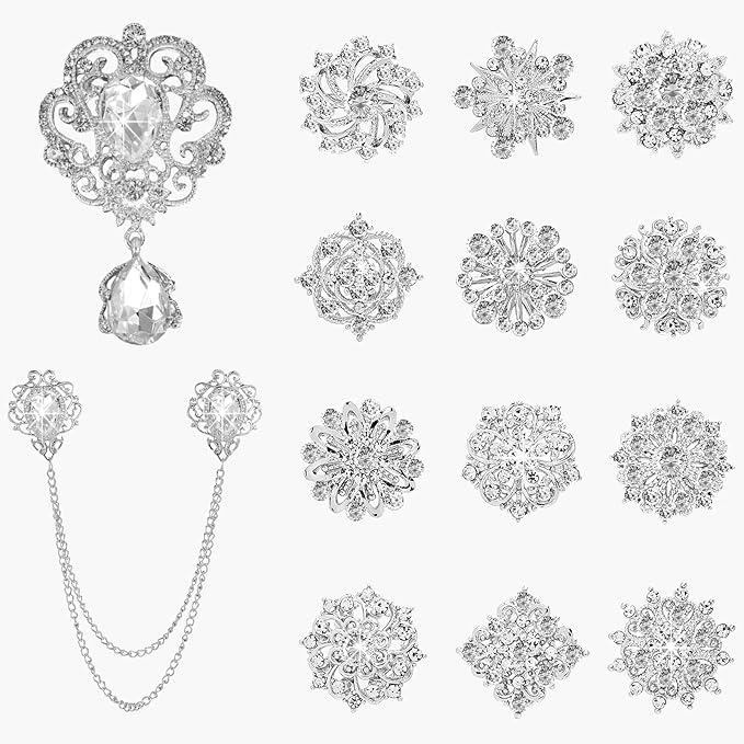 Yhsheen Silver Rhinestone Brooches Pin Kits Crystal Pearl Brooches for Bouquets for Wedding Decoration Accessories Jewelry Making Crafts(Sliver-14PCS)-B