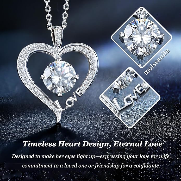 Moissanite Heart Necklaces for Women, Gifts for Wife, 1-3 Carat Moissanite 925 Sterling Silver Love Jewelry, Birthday Wedding Anniversary Christmas Engagements Gifts for Wife Women Her Girlfriend Mom
