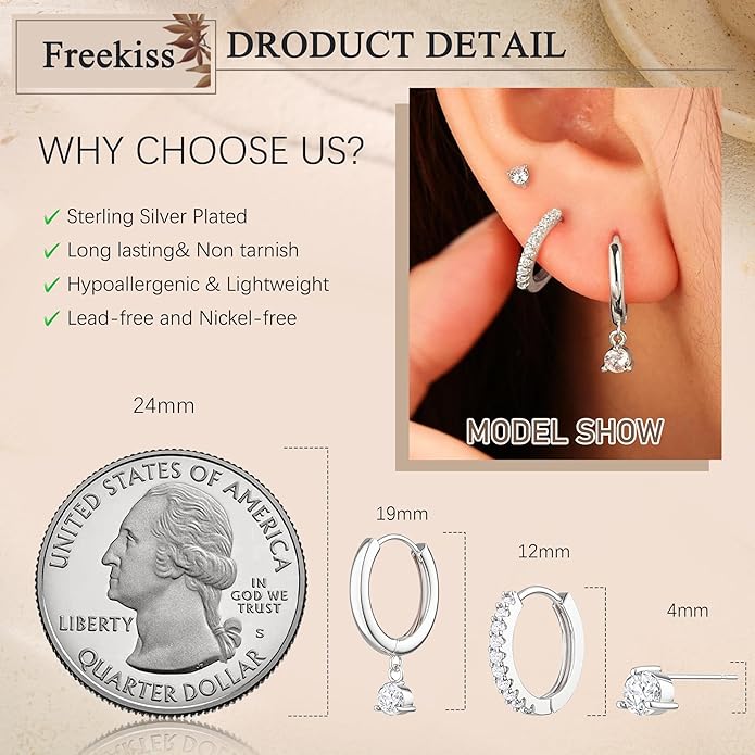 Freekiss 3 Pairs Gold Hoop Earrings Set: Dainty Stud Earrings Trendy Small 14K Gold Plated Hypoallergenic Dangle Cartilage Huggie Hoop Earrings for Women Gold Jewelry for Women Gifts