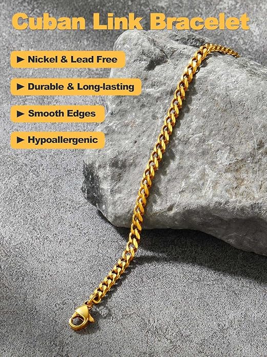 U7 Link Bracelets for Men, Cuban Link/Rope/Watch Band Solid Bracelet, Silver Black Gold Color Wrist Bracelet 3/6/9/12/15mm Width, 6.5/7.5/8.3 Inch Length, Hand Chain Jewelry for Mens Women