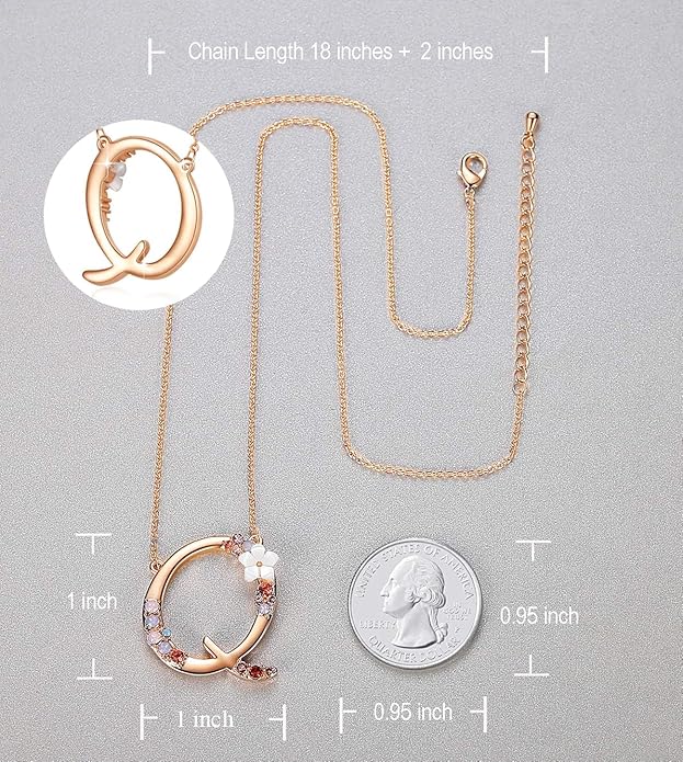Flower Initial Letter Necklace Pink Red Blue Simulated Pearl Pendant Name Jewelry Made with Austrian Crystals Rose Gold Plated Anniversary Birthday Gifts for Women,18"+2"