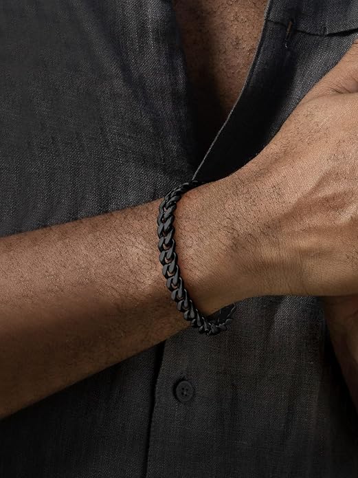 FaithHeart Mens Stainless Steel Cuban Link Bracelet - 5/7/9/12mm Width 7.5"/8.3"/9" Black/Silver/Gold Plated Heavy Duty Wrist Chain Bracelet Hip Hop Jewelry Birthday Gifts for Him