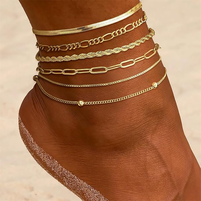 DEARMAY 14K Gold Plated Ankle Bracelets for Women Waterproof - Dainty 6Pcs Anklets Layered Cuban Link Chain Herringbone Cute Anklets Set Pack Summer Beach Jewelry Gift for Women Teen