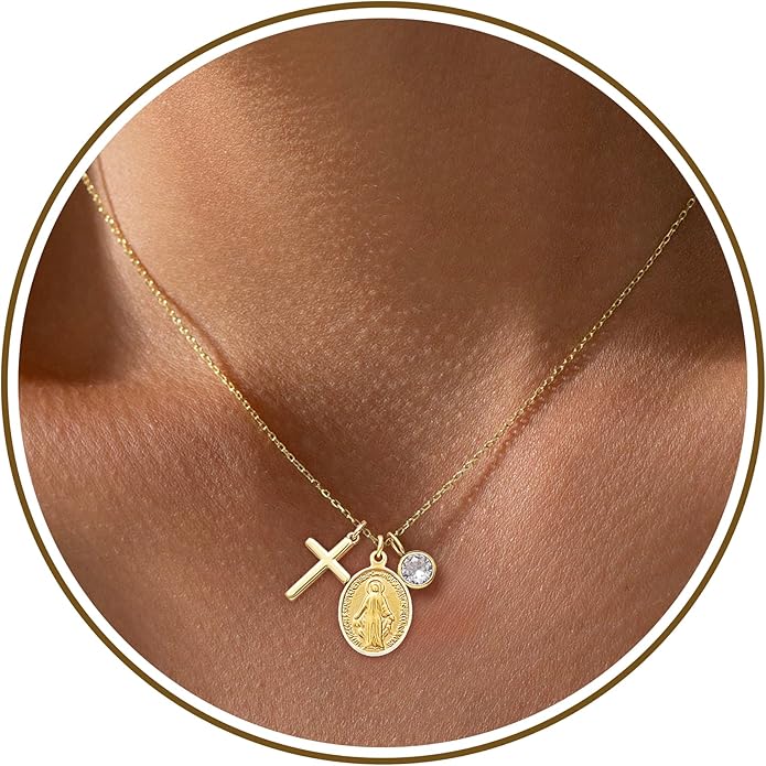 Gold Cross Necklaces for Women, 1-12 Birthstone Necklace Stocking Stuffers for Her Faith Confirmation Gifts for Teen Girls Virgin Mary Necklace Gifts for Christians Birthday Baptism Religious Jewelry