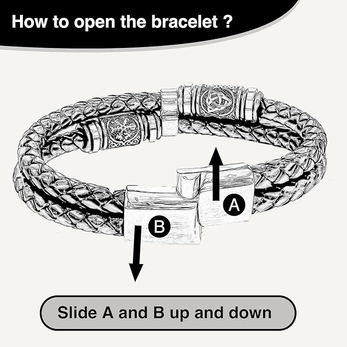 Viking Leather Bracelet For Men Balck Cool Handmade Stackable Jewelry, Faith and Courage Bangle Bracelets