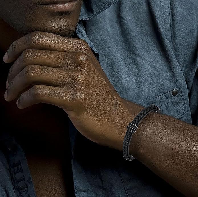 Leather Bracelet for Men with Adjustable Stainless Steel Magnetic Clasp Multi-Layer Braided Mens Leather Bracelet