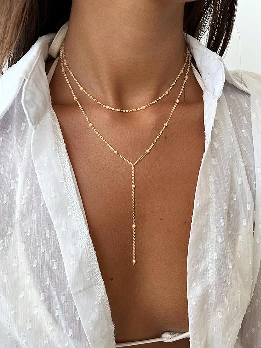 Lariat Gold Necklaces for Women Trendy Dainty Long Necklace 14k Gold Plated/Silver Layered Drop Beaded Chain Necklaces Y-shaped Pendant Necklace Simple Gold Jewelry Gifts