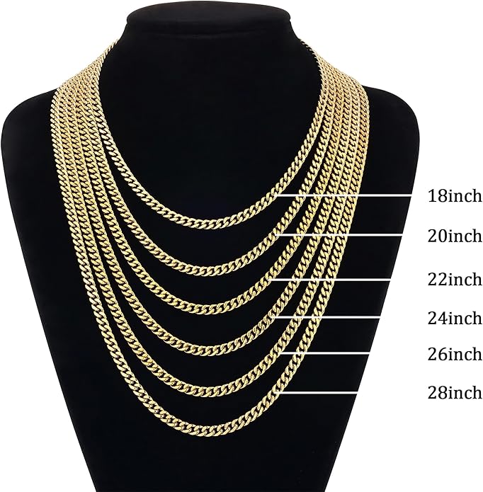 Fiusem Valentines Day Gifts for Him Silver Tone/Black/14K Gold Plated Chain Necklace for Men, 5mm/6mm/7.5mm/8mm/9mm Stainless Steel Cuban Link Chain Necklace, Men's Chains 18-28 Inch Jewelry Gifts