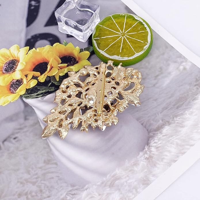 LAXPICOL Vintage Sparkly Austrian Crystal Flower Leaf Bouquet Clusters Big Large Brooch Pin for Women Gold Tone