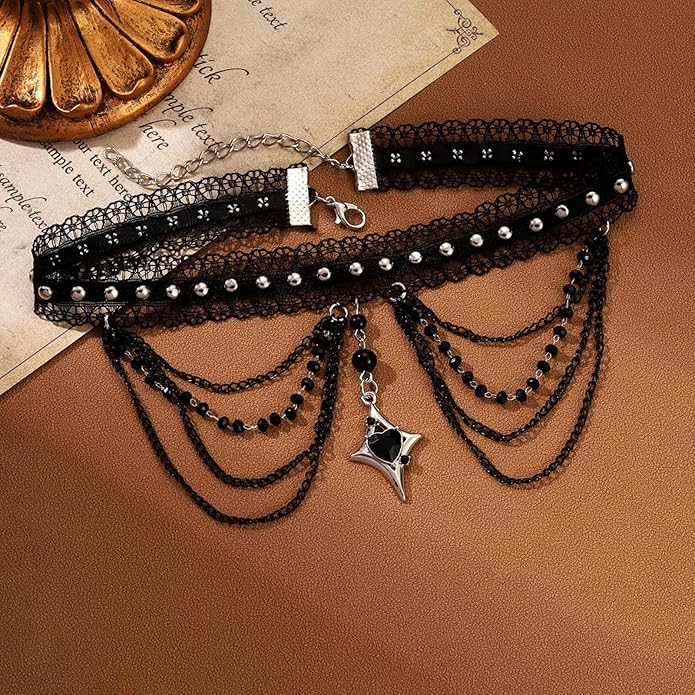 Vintage Lace Choker Necklace for Women Gothic Style Black Crystal Hollowed Out Necklace Statement Layered Tassels Necklace Victoria Halloween Vampire Jewelry