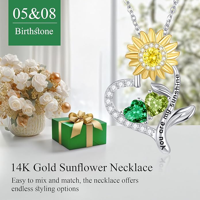 PERJI Valentine's Day Gifts for Women - 925 Sterling Silver Double Birthstone Sunflower Necklace, Anniversary Birthday Jewelry You are My Sunshine Gifts for Wife Couple Girlfriend 18"+2" Non Tarnish
