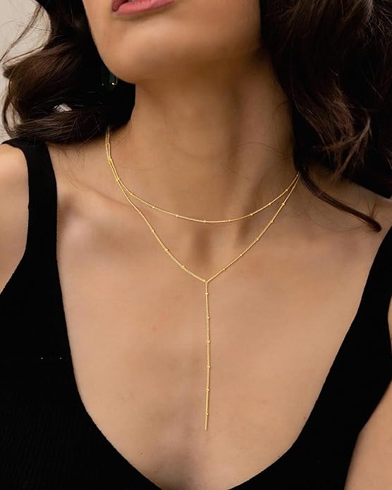 M MOOHAM Gold Lariat Necklace for Women - Dainty 14K Gold Plated Y-Shaped Long Drop Necklace Pearl Cross Clover Butterfly Cubic Zirconia Charm Layered Necklaces for Women Simple Jewelry Gifts