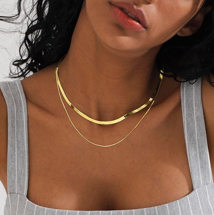 Tewiky Layered Necklaces for Women Non Tarnish- Chunky 14k Gold Plated Herringbone/Snake/Rope/Box/Cuban Link Chain for Women Waterproof Layering Stack Choker Necklace Trendy Dainty Tarnish Free Jewelry Set