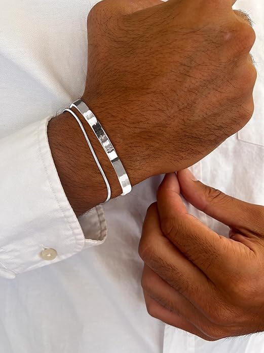 Moodear Stackable Bracelets for Men - Dainty 925 Sterling Silver/14K Gold Plated Cuff Snake Box Cuban Link Chain Bangle Bracelet Set Mens Jewelry