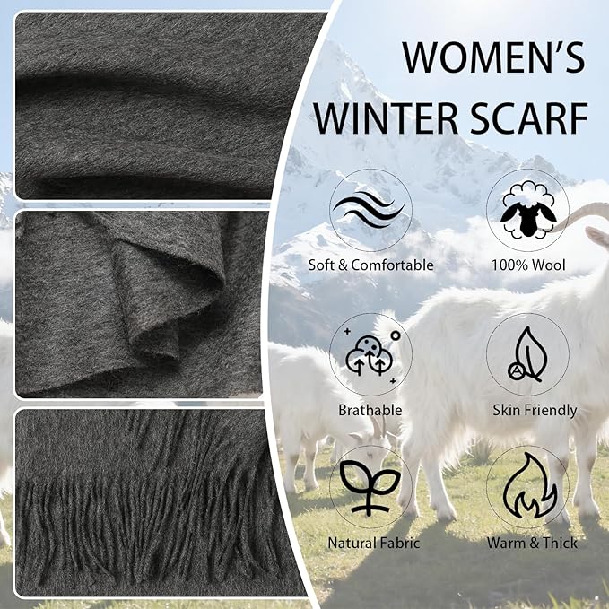WASALUYA Wool Scarf for Women & Men, 100% Wool Scarves Wrap Shawl with Tassels, Elegant Soft Winter Scarf for Fall and Winter