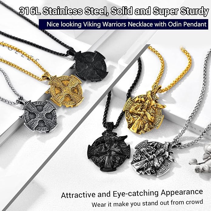 PROSTEEL Norse Viking Jewelry for Men Women, Vintage Thor Hammer/Thor Axe/Raven/Odin Necklace, 316L Stainless Steel Pendant Chain, Come with Box